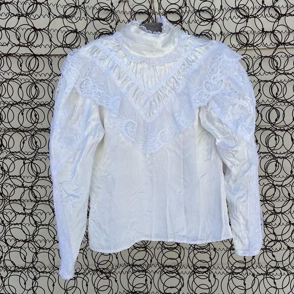80s Gunne Sax Poets Blouse Ruffles Satin Lace Long Sleeve Modest White Size 5 - Picture 1 of 8